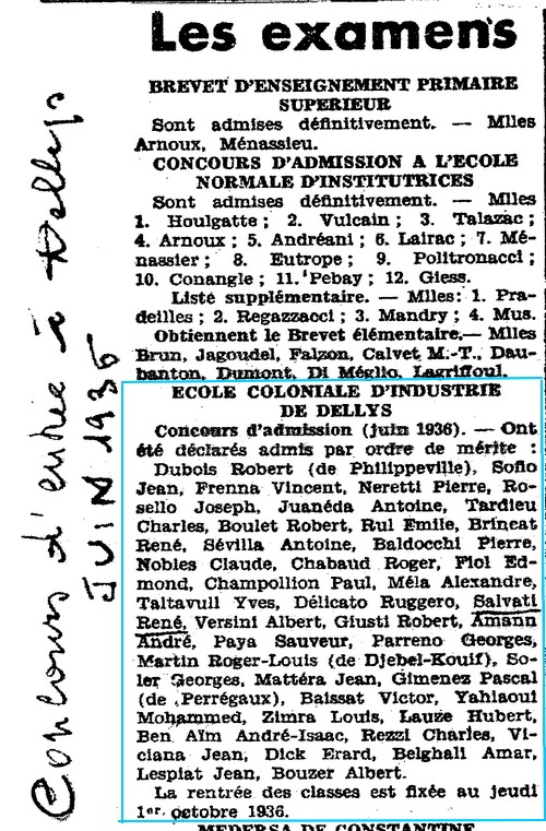 Résultats du concours d'entrée 1936