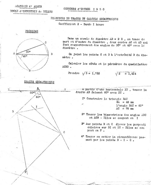 Documents rare liés l'école des arts et des metiers de Dellys Conc1950math